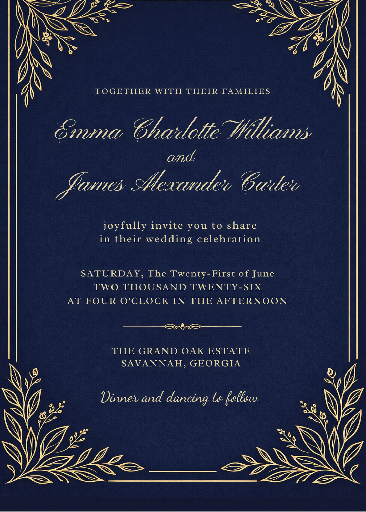 luxury navy-blue and gold wedding invitation